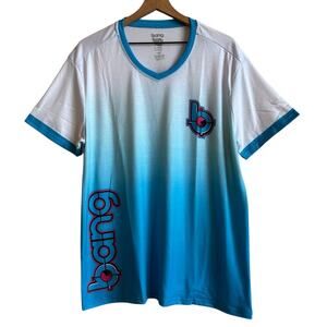 Bang Energy Drink V Neck T Shirt Size XL White Teal Pink Promotional Stretch